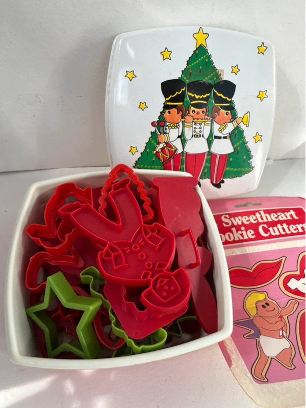 Vintage holiday cookie cutters in a box